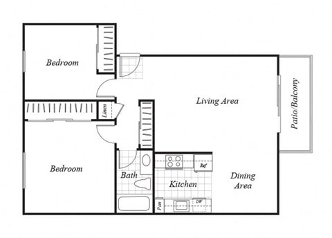 Floor plan for 2 beds, 1 bath, 802 sqft